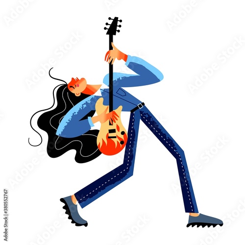 Girl playing rock music on guitar at concert show. Musician guitarist player performing at modern festival. Popular entertainment scene vector illustration. Female rockstar on white background