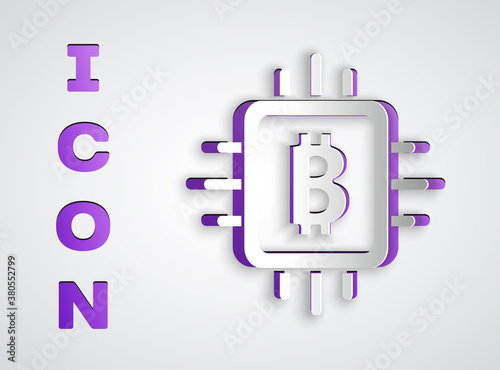 Paper cut CPU mining farm icon isolated on grey background. Bitcoin sign inside processor. Cryptocurrency mining community. Digital money. Paper art style. Vector.