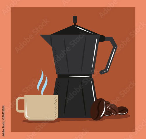 coffee brewing, moka pot cup and grains aroma hot