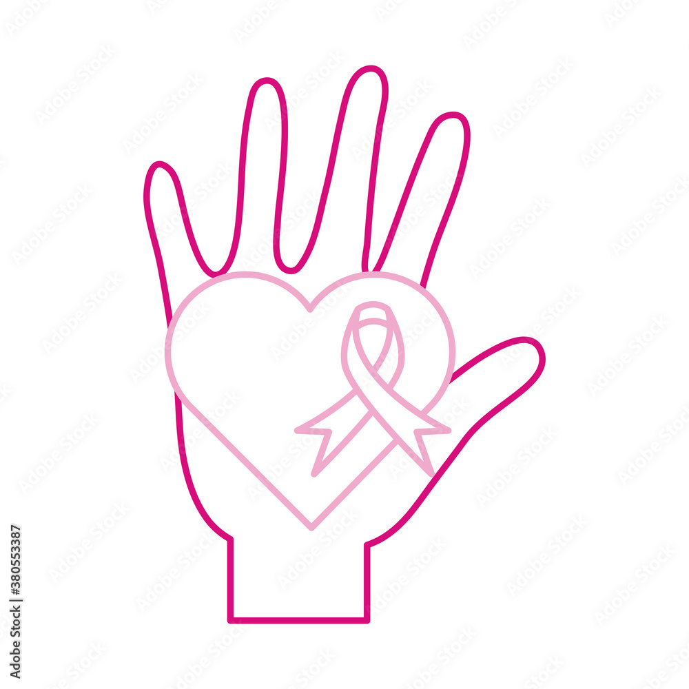breast cancer awareness month, hand with heart ribbon, healthcare concept line icon