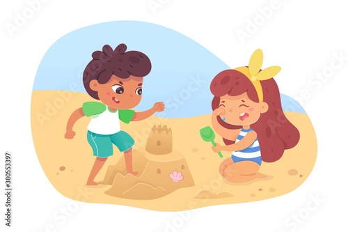 Naughty boy breaks sand castle, little girl crying at beach