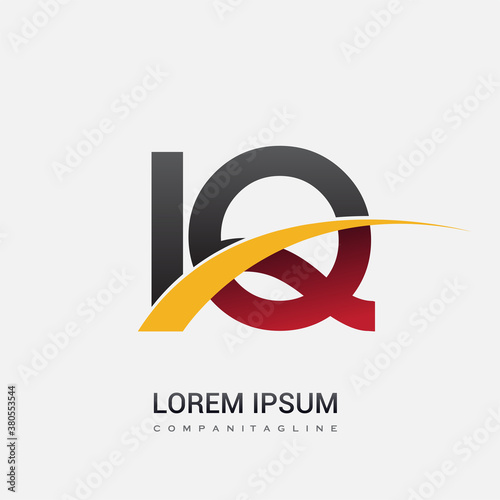 initial letter IQ logotype company name colored red, black and yellow swoosh design. isolated on white background.