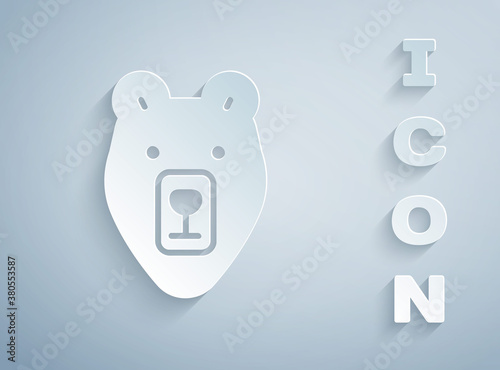 Paper cut Bear head icon isolated on grey background. Paper art style. Vector.