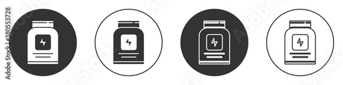 Black Sports nutrition bodybuilding proteine power drink and food icon isolated on white background. Circle button. Vector.