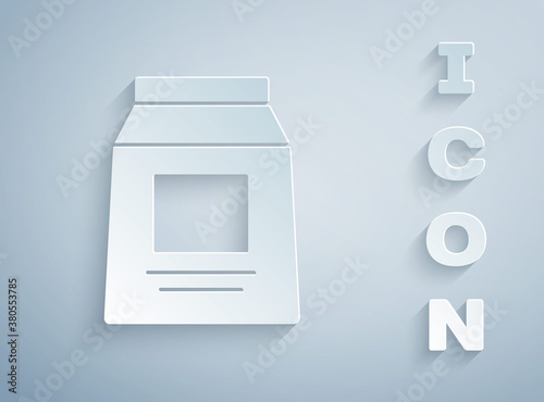 Paper cut Sports nutrition bodybuilding proteine power drink and food icon isolated on grey background. Paper art style. Vector.