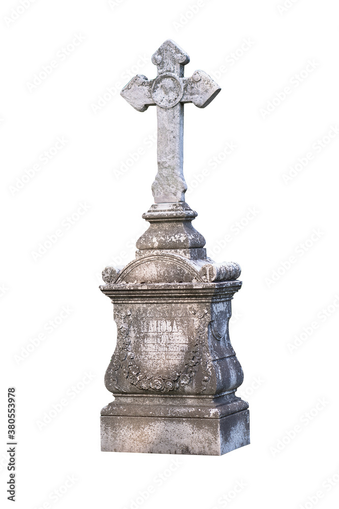 Old christian gravestone isolated on white background
