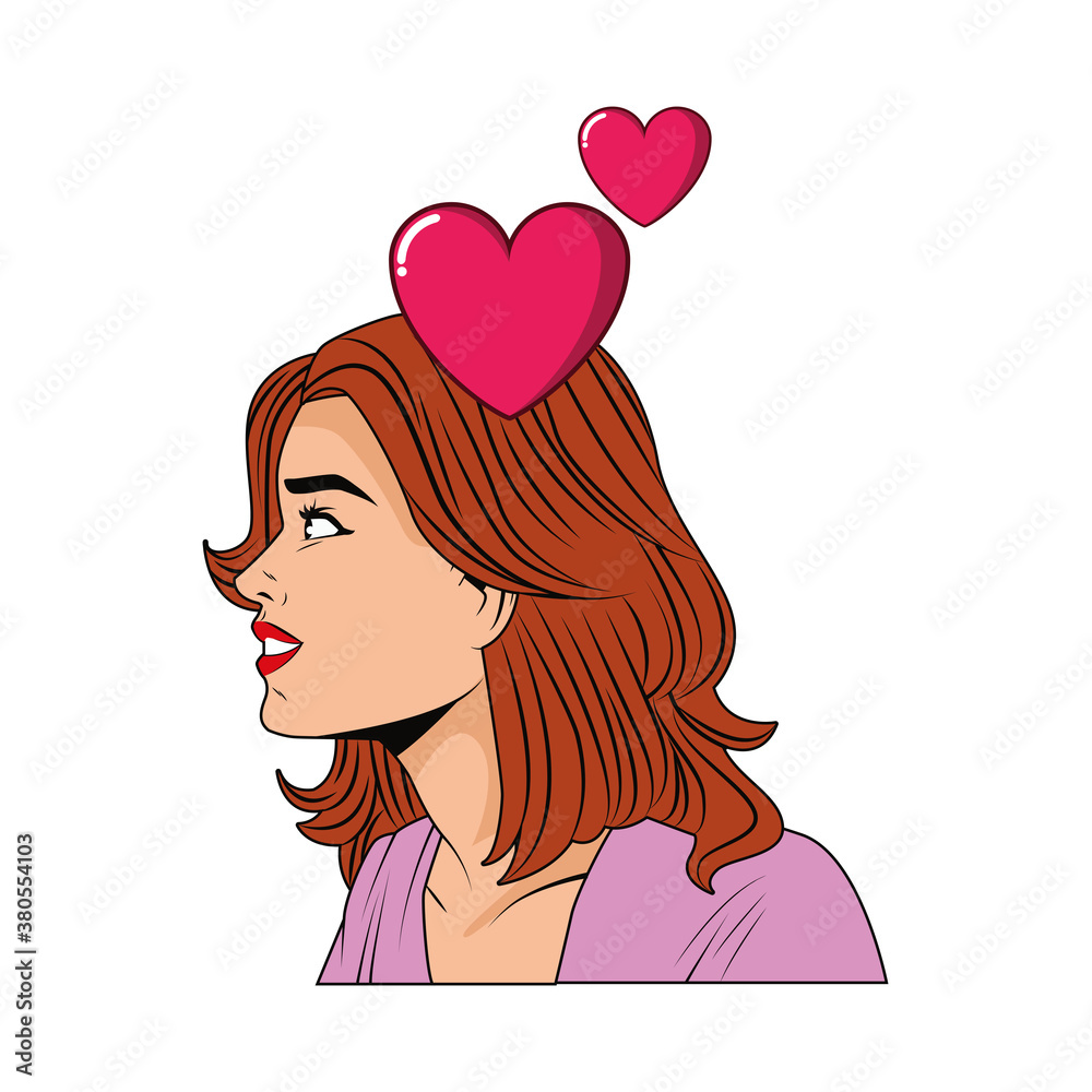 young woman profile with hearts pop art style character