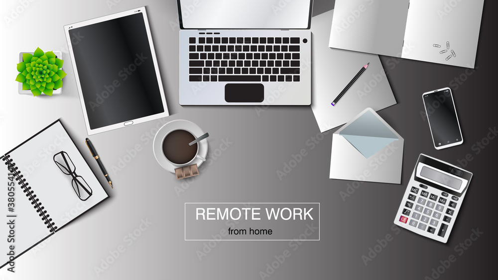 Vector illustration of a workplace at remote work. Laptop, tablet, envelope, notebook, notepad, pen, pencil, cup of coffee, flower in a pot, calculator, smartphone. EPS 10.