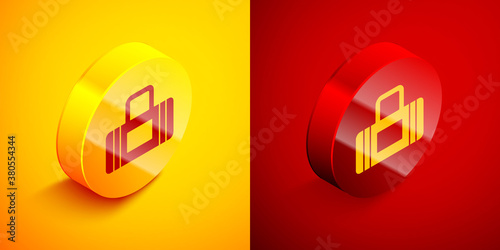 Isometric Sport bag icon isolated on orange and red background. Circle button. Vector.