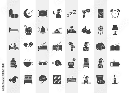 insomnia linear icons set includes pills moon pillow bed character and others
