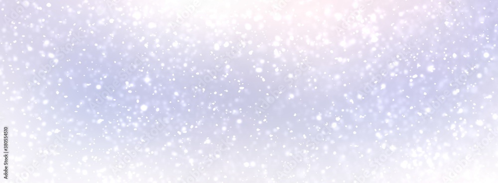 Snow fall on pastel blue lilac background. Blurred texture. Winter nature empty banner for holidays design. Outside light delicate illustration.