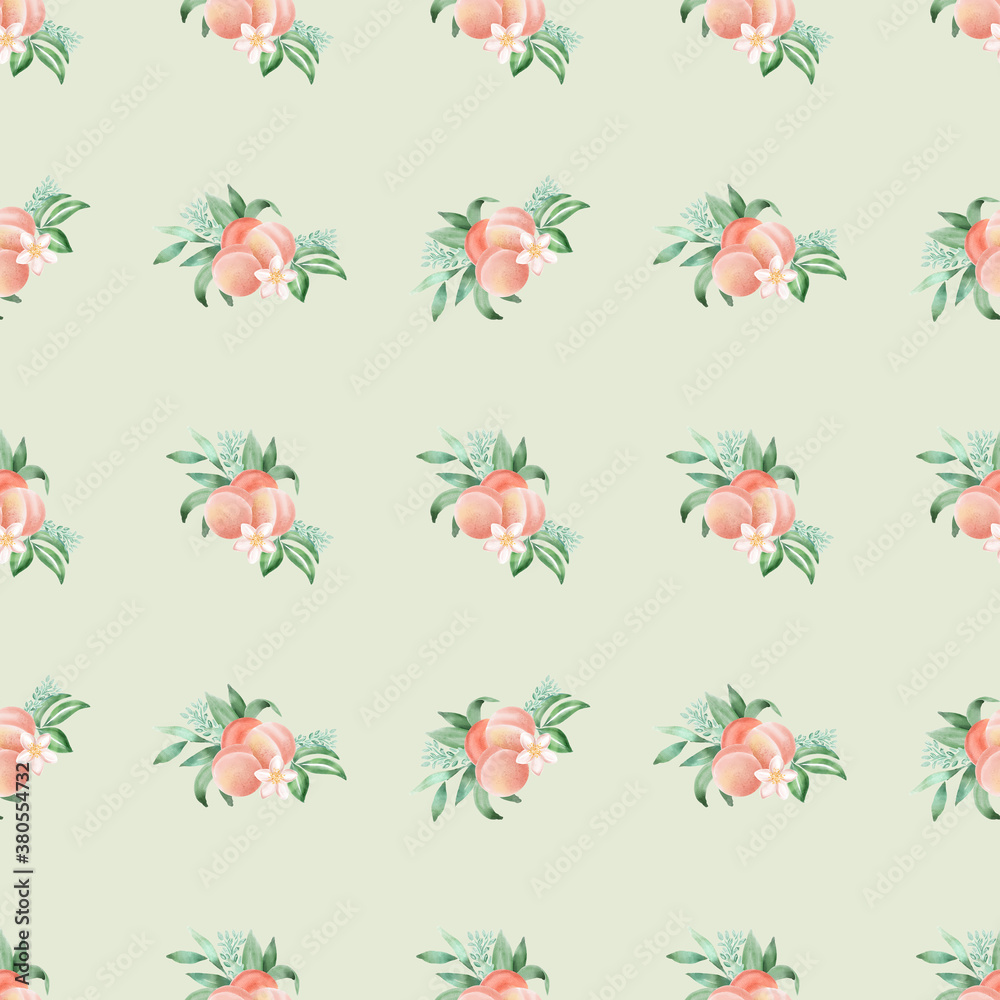 Watercolor peach with leaves seamless pattern. Good for wallpaper, website background, textile printing