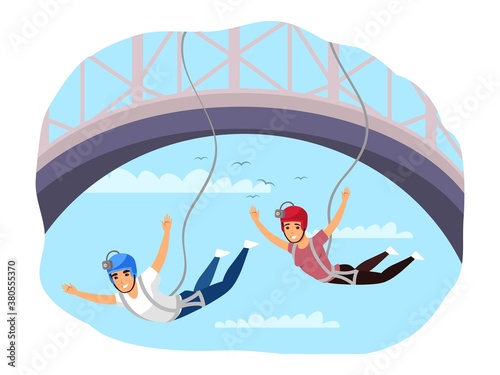 People bungee jumping, extreme sport adventure. Men flying on rope from bridge in summer. Outdoor risky recreation vector illustration. Lifestyle in nature and on vacation