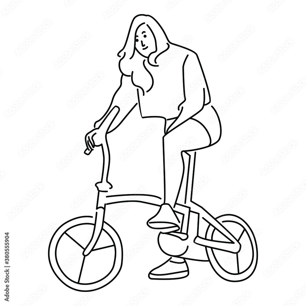 Young woman riding bicycles vector line art illustration Young woman riding bicycles vector line art illustration
