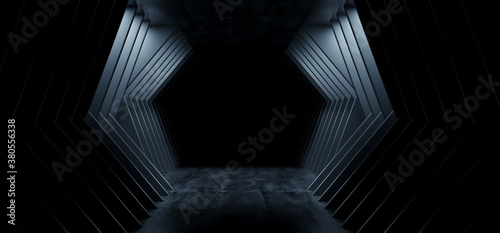 Fototapeta Naklejka Na Ścianę i Meble -  Sci Fi Modern Futuristic Angular Cement Dark Alien Spaceship Room Tunnel Corridor White Concrete Rough Grunge Studio Garage Hangar White Lights 3D Rendering