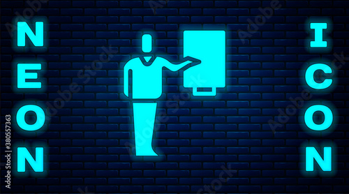 Glowing neon Museum guide icon isolated on brick wall background. Vector.