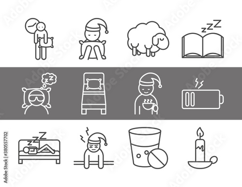 insomnia sleep problems disorder set linear icons style