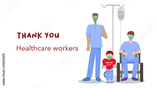 Thank you helper or healthcare worker from patients of COVID -19 in the pandemics. Vector illustration, flat design
