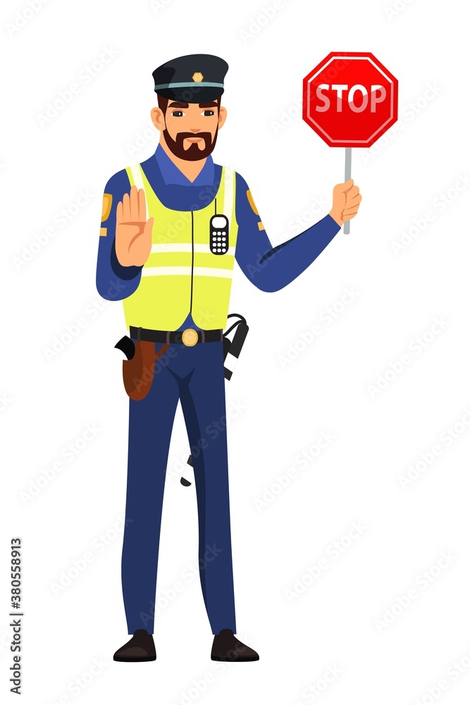 Police officer holding stop sign. Policeman standing with road sign in uniform, hand gesture to stop. Safe driving in city vector illustration. Street rules and safety outdoor