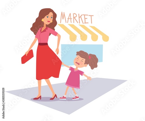 Bad spoiled kid crying and pulling dress. Little girl holding motherʼs skirt, upset grimace, sad face expression. Manners and bad behavior vector illustration. Outdoor market