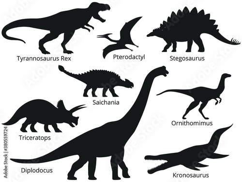 Fototapeta Naklejka Na Ścianę i Meble -  Dinosaurs silhouettes isolated on white background. Vector outlines of prehistoric reptiles. Most dangerous monsters in history. Herbivorous and predatory dinosaurs of the Jurassic period.