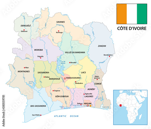 New administrative vector map of the African Republic Ivory Coast with flag