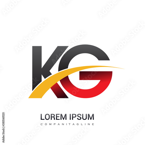initial letter KG logotype company name colored red, black and yellow swoosh design. isolated on white background.