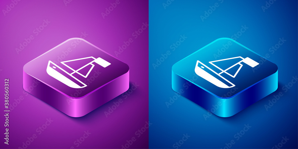 Isometric Toy boat icon isolated on blue and purple background. Square button. Vector. Isometric Toy boat icon isolated on blue and purple background. Square button. Vector.
