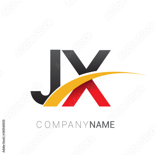initial letter JX logotype company name colored red, black and yellow swoosh design. isolated on white background.