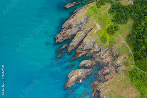 Aerial view over beautiful sea cliffs, surrounded by clear blue sea water, Black sea coast, Bulgaria