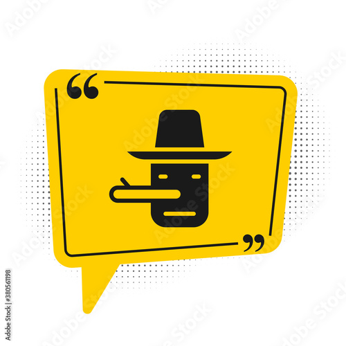 Black Pinocchio icon isolated on white background. Yellow speech bubble symbol. Vector.