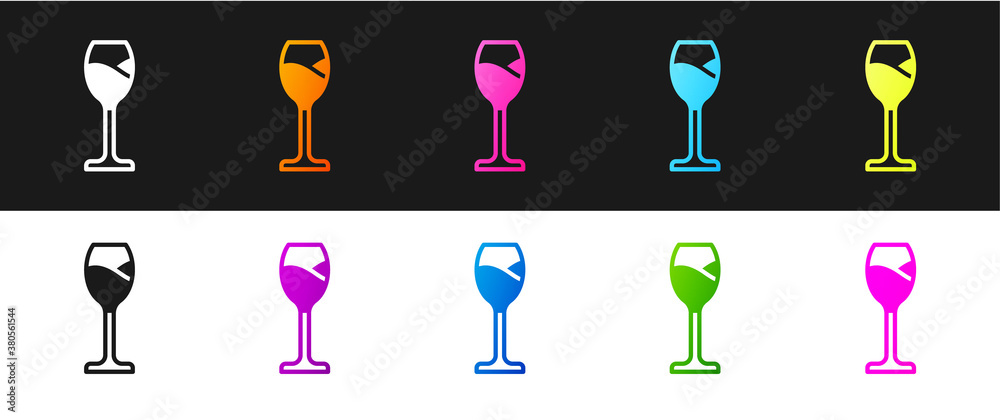 Set Wine glass icon isolated on black and white background. Wineglass icon. Goblet symbol. Glassware sign. Happy Easter. Vector.