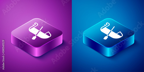Isometric Gondola boat italy venice icon isolated on blue and purple background. Tourism rowing transport romantic. Square button. Vector.