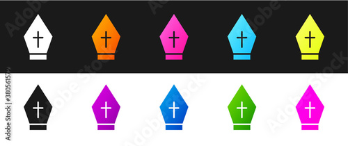 Set Pope hat icon isolated on black and white background. Christian hat sign. Vector.