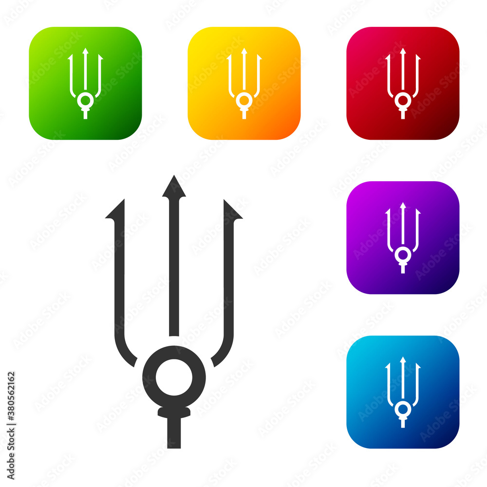 Black Neptune Trident icon isolated on white background. Set icons in color square buttons. Vector. Black Neptune Trident icon isolated on white background. Set icons in color square buttons. Vector.