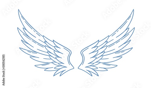 Pair of monochrome wide open angel wings vector illustration in outline style. Cute bird or amour feather wing with design elements isolated on white background. Romantic symbol of holy or cupid