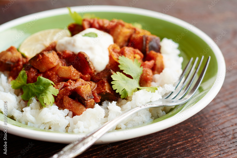 Tandoori Curried Eggplant and Tomatoes on Rice Tandoori Curried Eggplant and Tomatoes on Rice