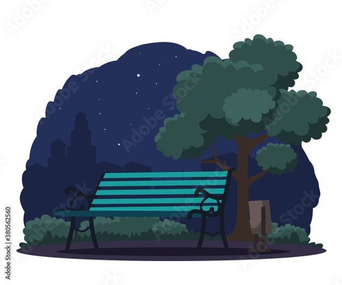 Public city park at night background. Street with green trees, bushes and grass. Urban summer outdoor vector illustration. Scenic view with wooden bench , lantern and trash bin