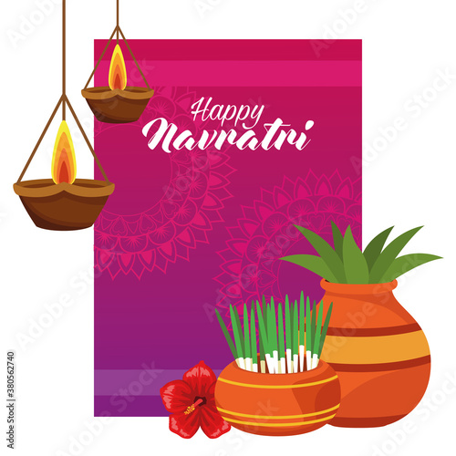 happy navratri celebration card with houseplants and candles