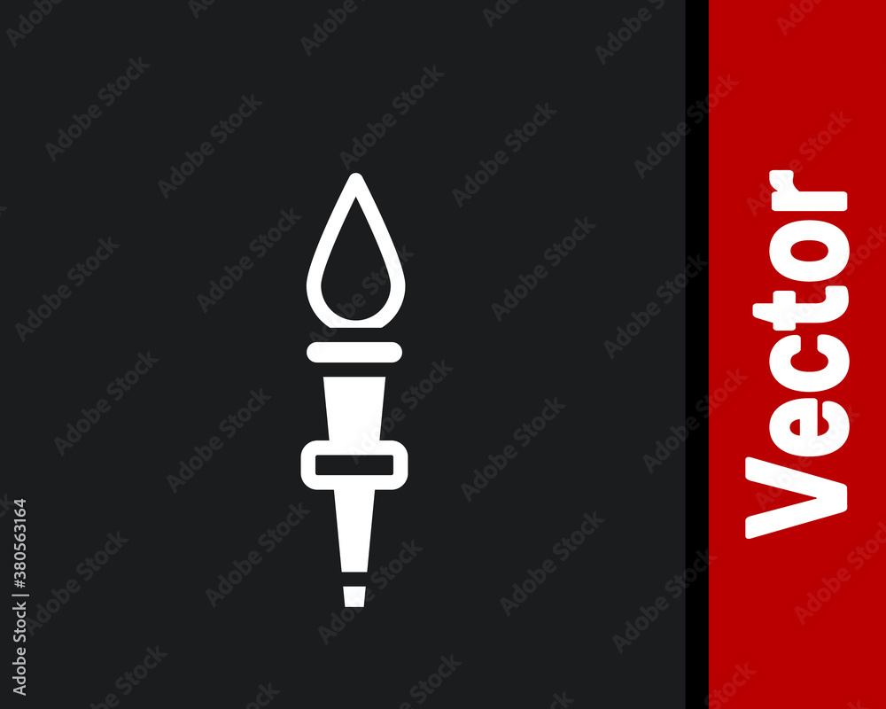 White Torch flame icon isolated on black background. Symbol fire hot, flame power, flaming and heat. Vector. White Torch flame icon isolated on black background. Symbol fire hot, flame power, flaming and heat. Vector.