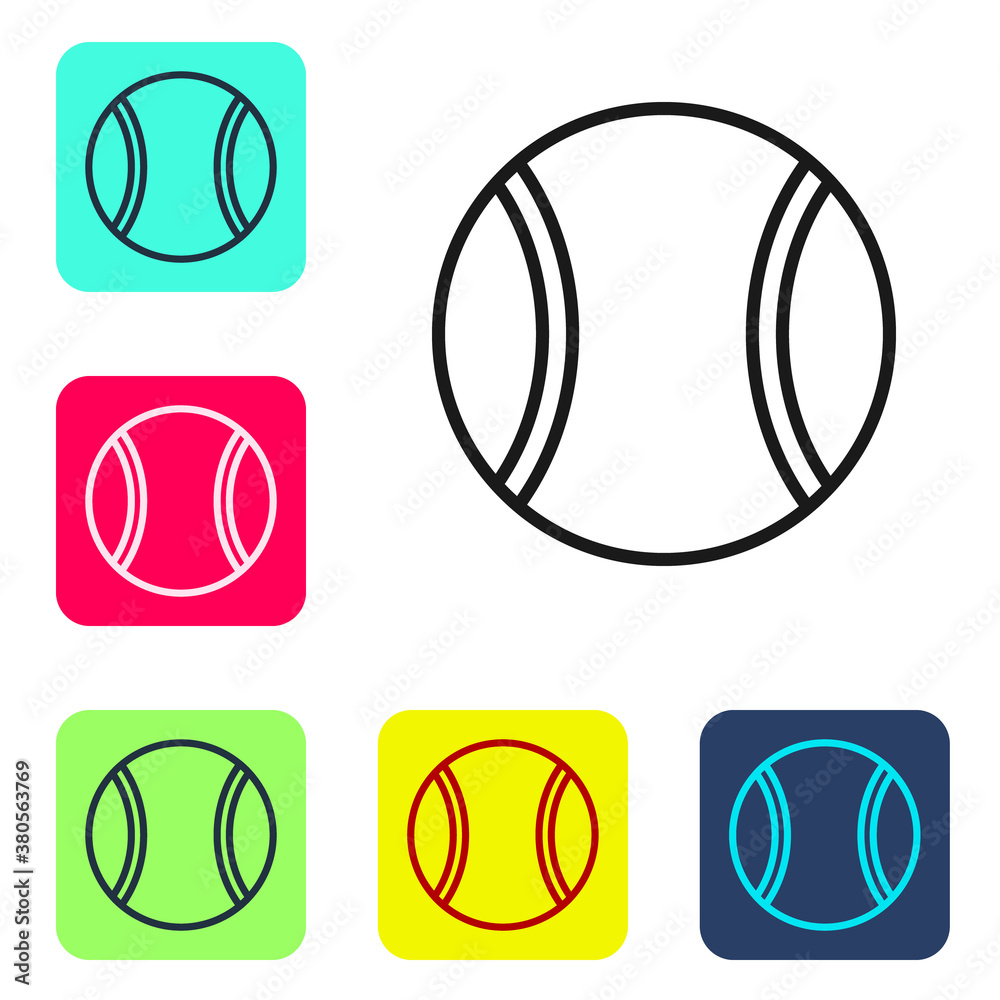 Black line Tennis ball icon isolated on white background. Sport equipment. Set icons in color square buttons. Vector Illustration.