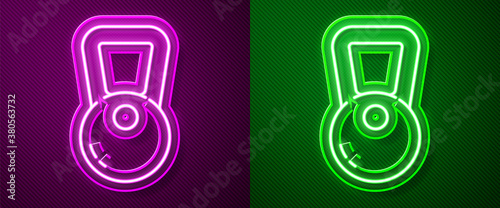 Glowing neon line Kettlebell icon isolated on purple and green background. Sport equipment. Vector Illustration.