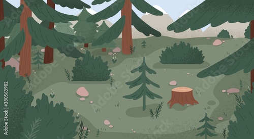 Natural forest landscape vector flat illustration. Wild woods scenery with spruces, stumps, bushes, trees and grass. Empty environment with plants and mountains. Wilderness area, woodland location photo