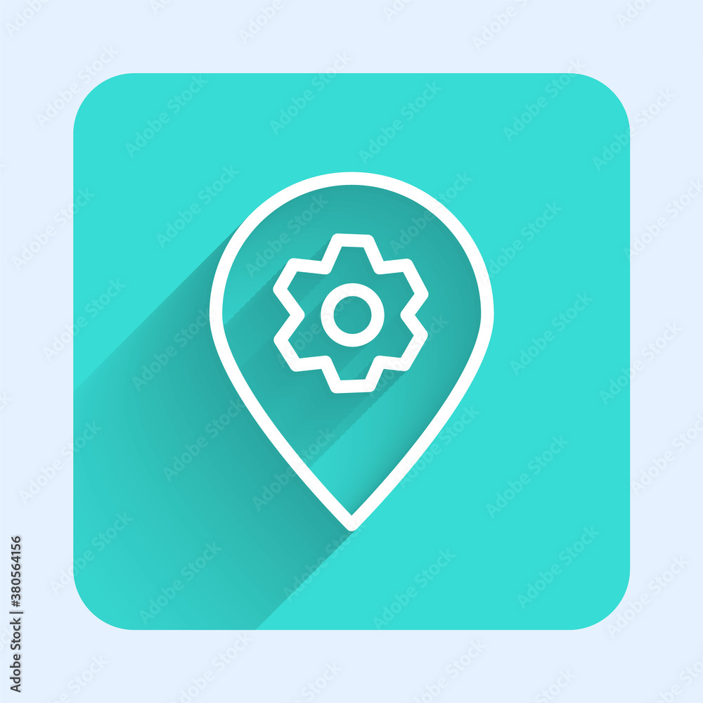 White line Location with car service icon isolated with long shadow. Auto mechanic service. Repair service auto mechanic. Green square button. Vector Illustration. White line Location with car service icon isolated with long shadow. Auto mechanic service. Repair service auto mechanic. Green square button. Vector Illustration.