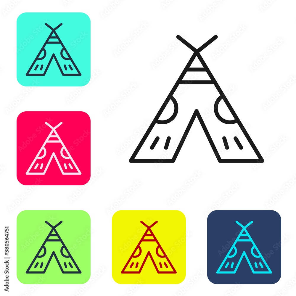 Black line Traditional indian teepee or wigwam icon isolated on white background. Indian tent. Set icons in color square buttons. Vector Illustration. Black line Traditional indian teepee or wigwam icon isolated on white background. Indian tent. Set icons in color square buttons. Vector Illustration.