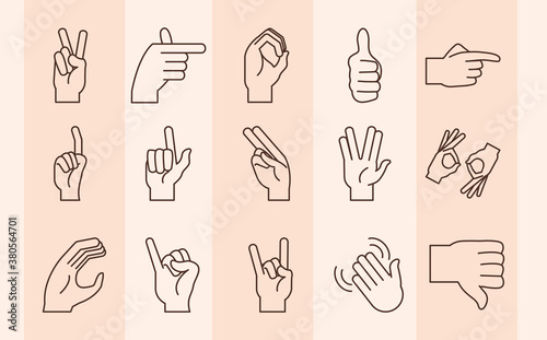 sign language hands doing alphabet line icons set