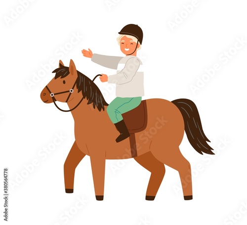 Happy little boy in protective helmet ride on horseback vector flat illustration. Smiling male child horseman practicing equestrian isolated on white. Cute kid riding on pony enjoying training