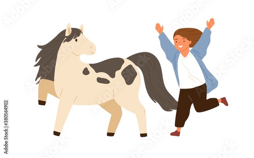 Joyful little girl running to hug adorable pony vector flat illustration. Smiling female child happy to meeting animal friend isolated on white. Cute kid and small horse enjoying friendship