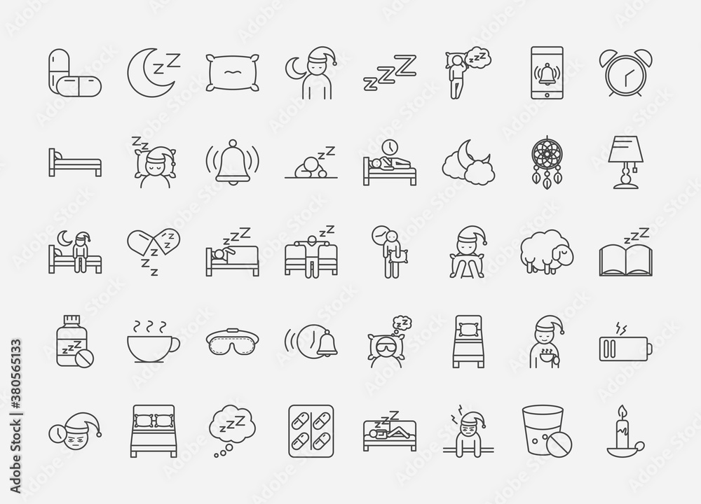 insomnia linear icons set includes pills moon pillow bed character and others