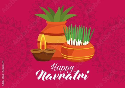 happy navratri celebration card with houseplants and candles